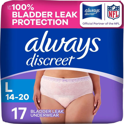 Always Discreet, Incontinence & Postpartum Underwear for Women, Size Large, Maximum Absorbency, Disposable, Large, 17 Count