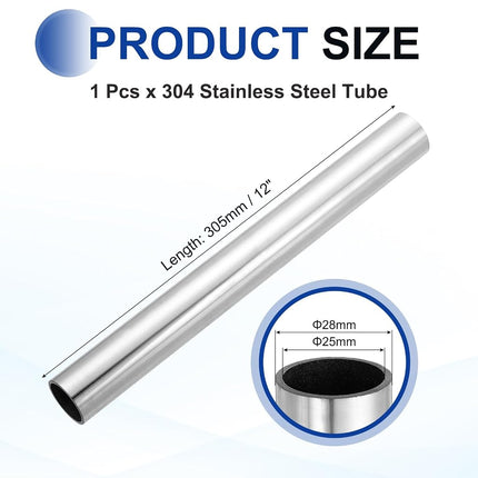 uxcell 304 Stainless Steel Tube, 28mm OD 25mm ID 305mm Length Round Seamless Metal Straight Pipe 1.5mm Thickened Weldable Tubing for Industry DIY Projects(1.1" ODx0.98 IDx12 L)