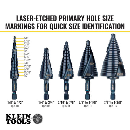 Klein Tools QRST01 Step Drill Bit, Quick Release Spiral Double-Fluted, 1/8 to 1/2-Inch, Hex Shank, Cut Steel, Wood, Plastic, Aluminum