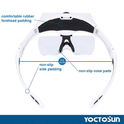 YOCTOSUN Magnifying Glasses with 4 LED Lights, Headband Magnifier with 5 Detachable Lenses 1X, 1.5X, 2X, 2.5X 3.5X -Rechargeable Hands Free Lighted Head Magnifier Glass for Crafts, Cross Stitch, Hobby