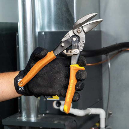 Klein Tools 2402S Straight-Cutting Offset Snips, Aviation Tin Snips with Forged Blade for Precision Sheet Metal Cutting