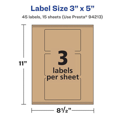 Avery Kraft Brown Rectangle Labels with Sure Feed, 3" x 5", 45 Kraft Brown Labels, Print-to-The-Edge, Laser/Inkjet Printable Labels