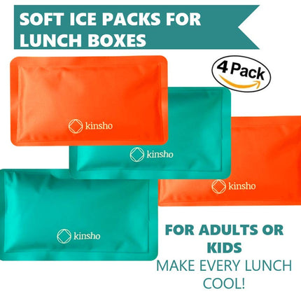 Ice Pack for Kids Lunch Box, Bag and Bento Boxes, 4 Pack Set, Reusable and Refreezable Soft Slim Freezer Pouches for Travel, School, Camping Cooler, Long Lasting Cold, Flexible | Aqua Orange