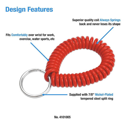 Lucky Line 2” Spiral Wrist Coil with Steel Key Ring, Flexible Wrist Band Key Chain Bracelet, Stretches to 12”, Assorted Colors, 5 Pack (4101005)