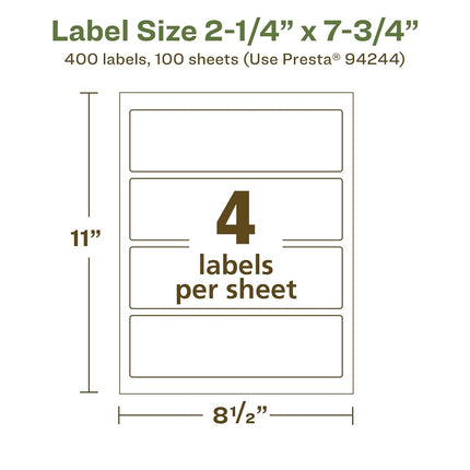 Avery EcoFriendly Matte White Recycled Rectangle Labels, 2.25" x 7.75", Print-to-The-Edge, Matte White Labels, Permanent Label Adhesive, Laser/Inkjet, 400 Printable Labels