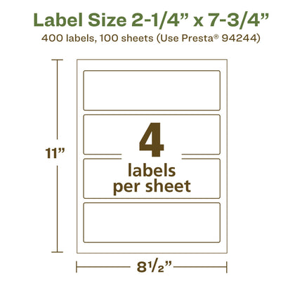 Avery EcoFriendly Matte White Recycled Rectangle Labels, 2.25" x 7.75", Print-to-The-Edge, Matte White Labels, Permanent Label Adhesive, Laser/Inkjet, 400 Printable Labels