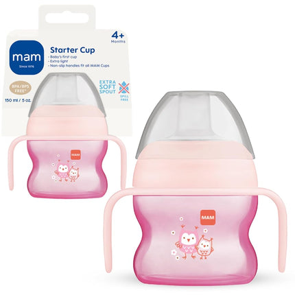 MAM Starter Cup (1 Count), Sippy Cup, Drinking Cup with Extra-Soft Spill-Free Spout and Non-Slip Handles, for Girls 4+ Months, Five Ounces, Pink