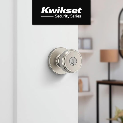 Kwikset Maven Pomo de puerta de entrada con cerradura y llave, manija exterior segura con llave, entrada principal y dormitorio, níquel satinado, seguridad de recodificación SmartKey resistente a robos y Microban