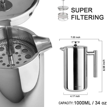 Secura Stainless Steel French Press Coffee Maker 18/10 Bonus Stainless Steel Screen (1000ML), Silver