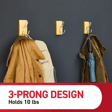 Command X-Large Satin Brass Triple Hook 17038BR-ES, 1 Hook, 3 Strips