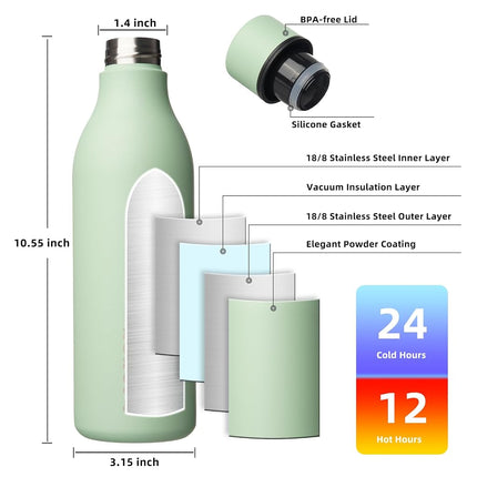 BJPKPK Insulated Water Bottles, 25 oz Stainless Steel Metal Water Bottle with Strap, BPA Free Leak Proof Mugs, Flasks, Reusable Water Bottle for Sports & Travel, Macaron Green