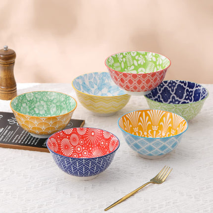 Cereal Bowl Porcelain Soup Bowls - Ceramic Bowl Set Kitchen 23 oz - 6 Inch Deep Colorful Bowls for Serving Breakfast | Oat | Oatmeal | Ramen | Pho | Noodle - Microwave and Dishwasher Safe - Set of 6