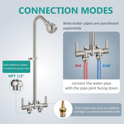 Aolemi Outdoor Shower Kit, Outdoor Shower Fixture System with High Pressure Shower Head, Double Handle Outdoor Shower Faucet Exposed Shower, 80cm Center, Brushed Nickel