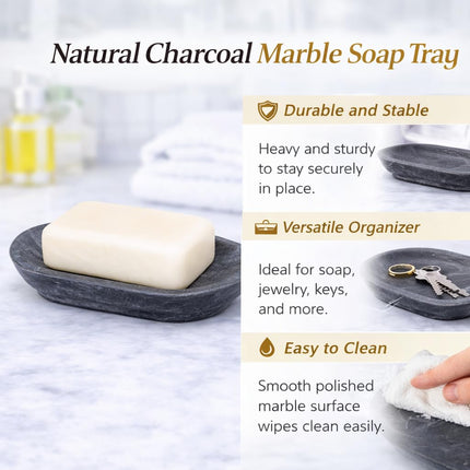 Creative Home Natural Charcoal Marble Curvy Collection Bar Soap Dish Soap Tray Holder Bathroom Countertop Small Accessories Organizer, 3.8" x 5.6" x 0.8" H, Grey