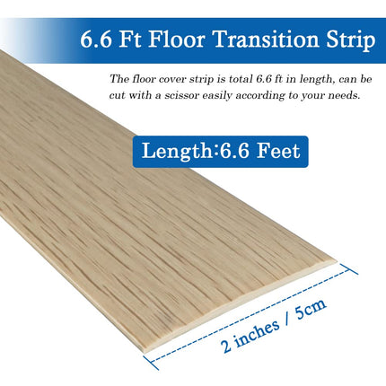 Floor Transition Strip Floor Cover Strips Self Adhesive Flooring Transitions Laminate Floor Strip 2" Wide Vinyl Floor Flat Divider Strip Elegant Wood Grain Design (6.56Ft, Beige)