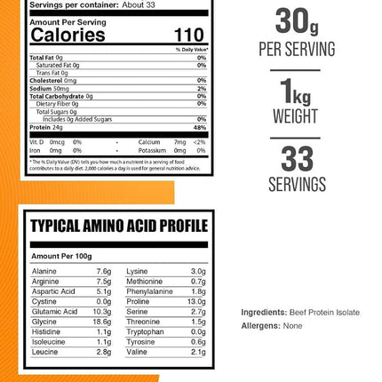 BulkSupplements.com Beef Protein Isolate Powder - No Sugar Added, Gluten Free, Lactose Free Protein Powder, Keto Friendly - 25g of Protein - 30g per Serving (1 Kilogram - 2.2 lbs)