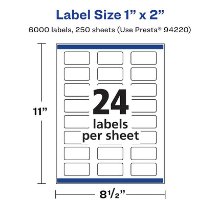 Étiquettes rectangulaires blanches mates Avery avec Sure Feed, 2,5 cm x 5 cm, 6 000 étiquettes imprimables blanches mates