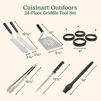 Cuisinart 24-Piece Griddle Tool Set with Storage Tote, Stainless Steel Flat Top Grill Accessories with Spatulas, Melting Dome, Smash Burger Press, Scraper & Tongs, Perfect for BBQ, Tailgates, Camping