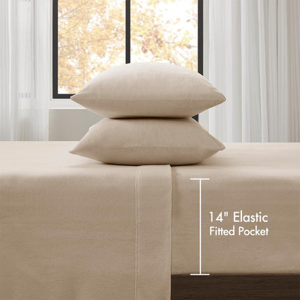 SLEEP PHILOSOPHY True North Micro Fleece Bed Sheet Set, Warm, Sheets with 14" Deep Pocket, for Cold Season Cozy Sheet-Set, Matching Pillow Case, King, Khaki, 4 Piece