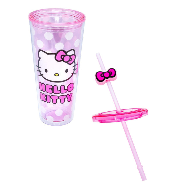 Silver Buffalo Sanrio Hello Kitty Bow Pink Polka Dots Plastic Cold Cup with Lid and Straw Topper, 24 Ounces