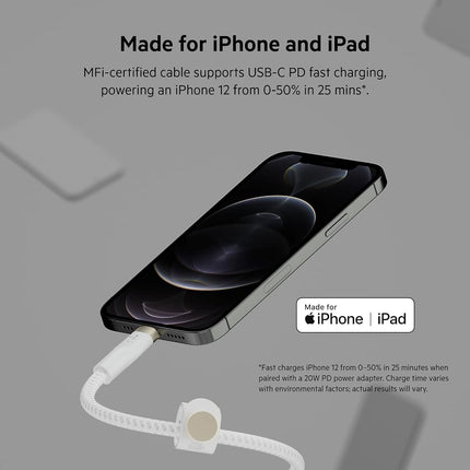 Belkin BoostCharge Pro Flex Braided USB Type C to Lightning Cable (3M/10ft), MFi Certified 20W Fast Charging PD Power Delivery for iPhone 14/14 Plus, 13, 12, Pro, Max, Mini, SE, iPad and More -White