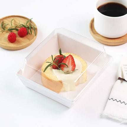 Ocmoiy 100 Pack Paper Charcuterie Boxes with Clear Secure Lids, 5 inches White Square Disposable Food Containers Bakery Boxes for Sandwich, Slice Cake, Cookies, Hot Cocoa Bombs, Strawberries