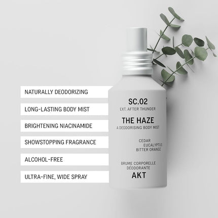 AKT The Haze, Natural Deodorising Body Mist | SC.02 AFTER THUNDER: cedar, eucalyptus, bitter orange | Alcohol-Free, Gender-Free | With Skin-Loving Niacinamide & Balancing Prebiotics, 100 mL