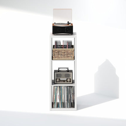 Furinno CUBICLE Record Player Stand with Vinyl Storage, 3-Cube 3 cm Extra Thick Vinyl Record Storage, Open Back Media Shelf for CD DVD Blueray Game Disc, for Living Room, Home Office, White