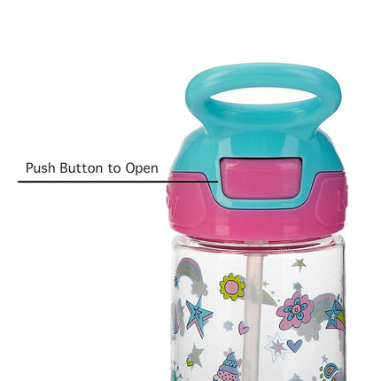 Botella de agua de tritán Nuby Push Button Flip-it con boquilla suave, Unicornios rosados, 532 ml