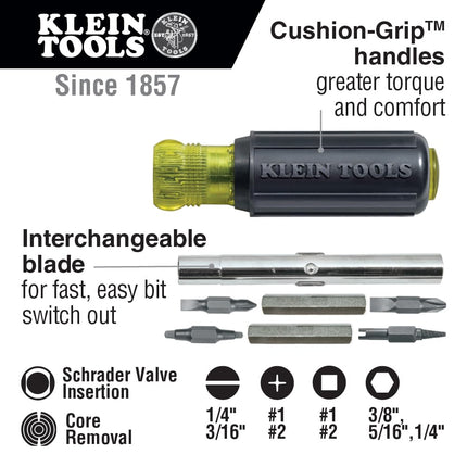 Klein Tools 32527 11-in-1 Screwdriver/Nut Driver with Bit for Schrader Valves Cores, Multi-Colour