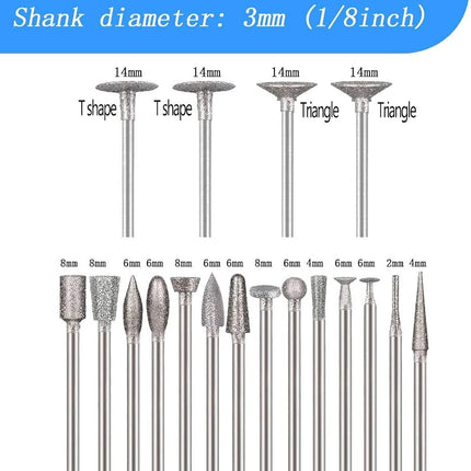 Luo ke 18 Pcs Assorted Diamond Burr - 1/8 Inch Shank Diamond Burs Stone Carving Bits for Dremel Rotary Tools