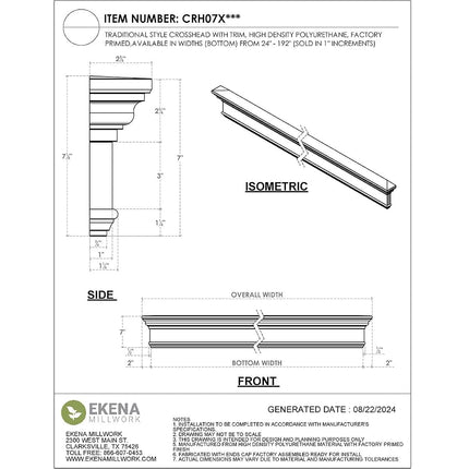 Ekena Millwork CRH07X89 89-Inch Bottom Width x 92 1/2-Inch Top Width x 7 1/4-Inch H x 1-Inch P Crosshead with Trim