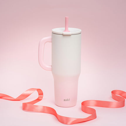 Zak Designs St. Jude Sutton Travel Tumbler for On The Go, 40oz Stainless Steel with Vacuum Insulation, Silicone Straw, and Carry Handle for Cold Drinks (Pink Ombre)
