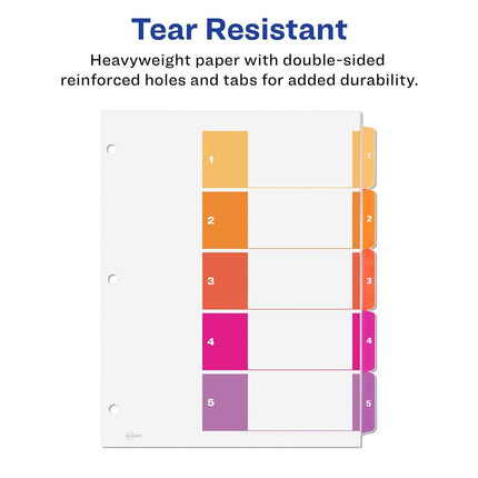 Avery 5-Tab Dividers for 3 Ring Binders, Customizable Table of Contents, Multicolor Tabs, 6 Sets (11187)