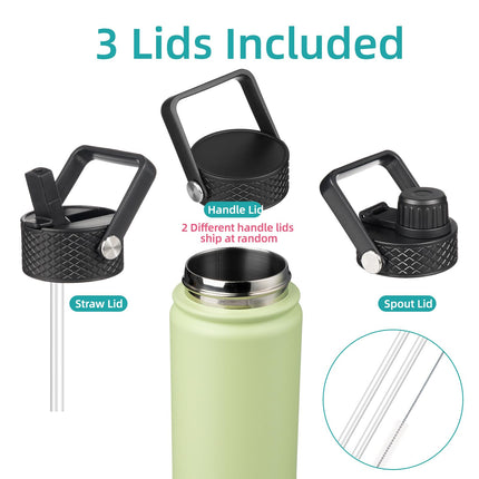 Konokyo Insulated Water Bottle with Straw,24oz 3 Lids Metal Bottles Stainless Steel Water Flask,Macaron Green