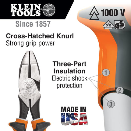 Klein Tools 2139NEEINS Slim Handle Insulated Side Cutter Pliers, Streamline New England Nose with Knurled Jaws, 9-Inch