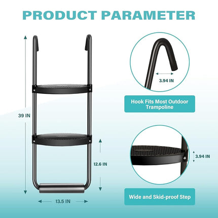 Simple Deluxe Trampoline Ladder with Horizontal Wide Steps Skid-Proof Steps Simple Deluxe 12FT 14FT Trampoline Stairs Accessories, Universal Hook UV Treated Steel 220 lbs, Trampoline Parts Black