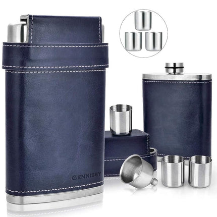 Flacon de hanche GENNISSY 240 ml pour hommes - Flasque à whisky en acier inoxydable 304 (18/8), étanche avec revêtement en cuir bleu marine - Comprend un entonnoir et 3 mini-tasses pour papa, cadeaux, voyage