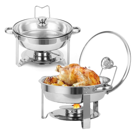 Calentadores de comida para buffet, juego de 2, 5 cuartos, de acero inoxidable, redondos, con tapa de cristal y soporte para la tapa, para fiestas, reuniones, eventos, banquetes de boda, color plateado