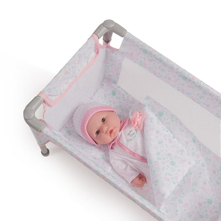 JC Toys - Foldable Travel Cot- Playground, dolls up to 45 cm, easily assembled and disassembled, includes bag, pillow and blanket, floral decoration, designed by Berenguer, + 3 years