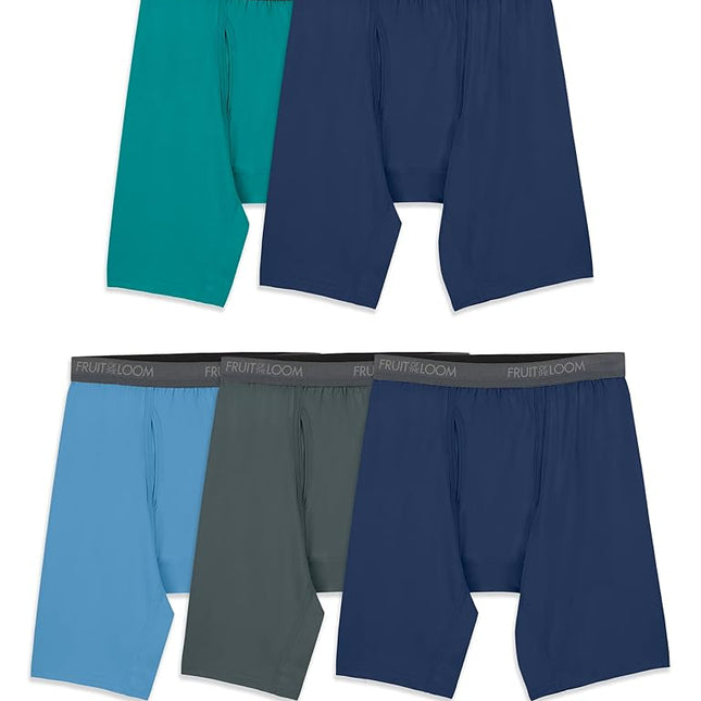 Fruit of The Loom Men's 360 Stretch Boxer Briefs (Quick Dry & Moisture Wicking), Long Leg - Micro Stretch - 5 Pack Green/Blue/Grey, X-Large