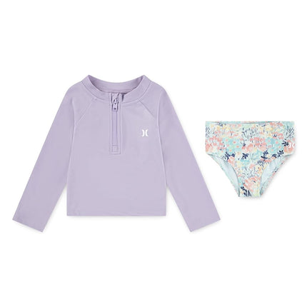 Hurley Baby and Toddler Long Sleeve Rash Guard Swim Suit 2-Piece Outfit Set, Purple/Multi, 3T