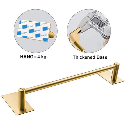 NearMoon Self Adhesive Bathroom Towel Bar- Stainless Steel Bath Wall Shelf Rack Hanging Towel Stick On Sticky Hanger Contemporary Style, NO Drilling (1 Pack, Brushed Gold, 9-Inch Towel Rack)