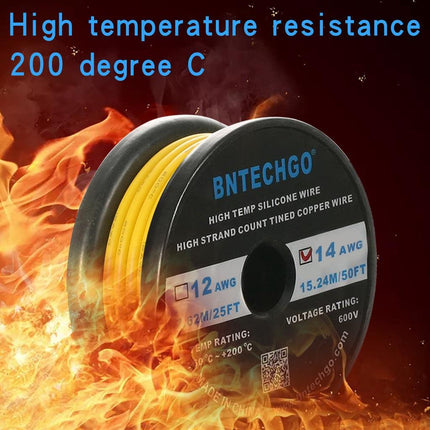BNTECHGO 14 Gauge Silicone Wire Yellow 50ft Stranded Tinned Copper Wire