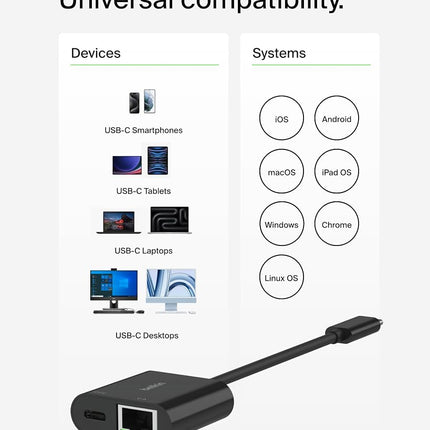 Belkin Connect USB-C to Ethernet + Charge Adapter 100W w/Gigabit Ethernet Port and USB-C Port - [10/100/1000] Mbps for Fast Internet Connection - Compatible with iPhone 16, 15, Galaxy S24 & More