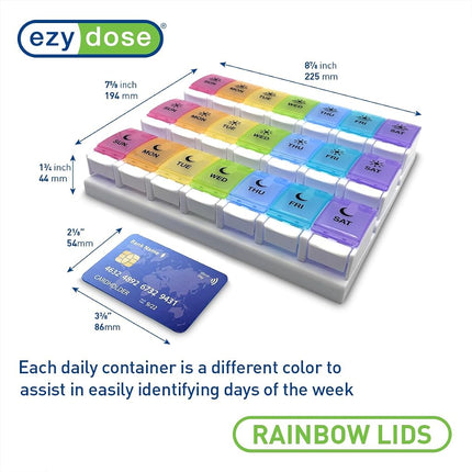 EZY DOSE Weekly (7-Day) Pill Case, Medicine Planner, Vitamin Organizer Box, Daily Planner, Push Button Compartments, Convenient and Easy to Use, 3 Times a Day, Rainbow Lids, BPA Free