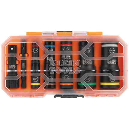 Klein Tools 65618 Juego de dados de impacto KNECT Flip-10 SAE, dados profundos con 5 dados flip codificados por color, 10 tamaños de dados SAE, adaptadores de 1/4 y 3/8 de pulgada y estuche MODbox
