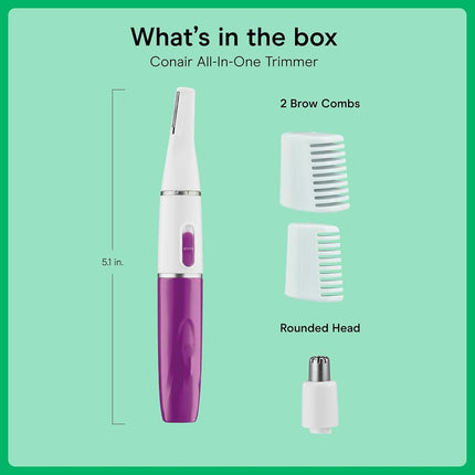 Conair All-in-1 Facial Hair Trimmer for Women, Perfect for Face, Ear/Nose and Eyebrows, Battery-Powered