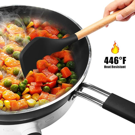 Silicone Cooking Utensils Set - 446°F Heat Resistant Silicone Kitchen Utensils for Cooking,Kitchen Utensil Spatula Set w Wooden Handles and Holder, Gadgets for Non-Stick Cookware BPA Free (Black)