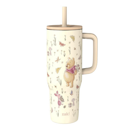 Zak Designs Disney Winnie The Pooh Sutton Travel Tumbler for On The Go, 30oz Stainless Steel with Vacuum Insulation, Silicone Straw, and Carry Handle for Cold Drinks (Pooh and Friends)